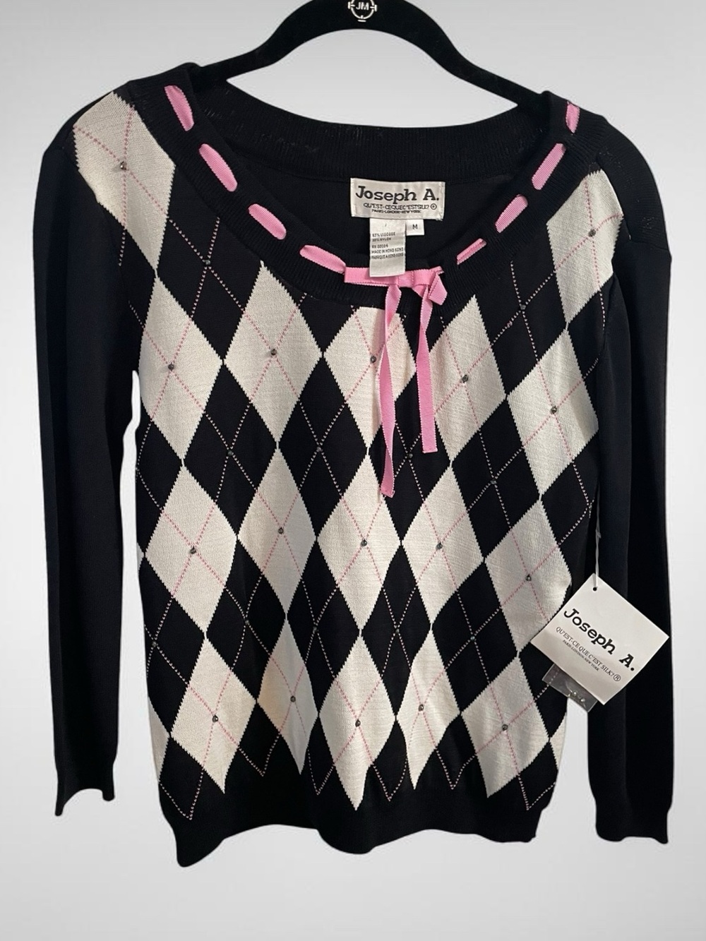 Vintage Y2K Joseph A Argyle Sweater Pink Bow Rhinestone Preppy Coquette NWT M